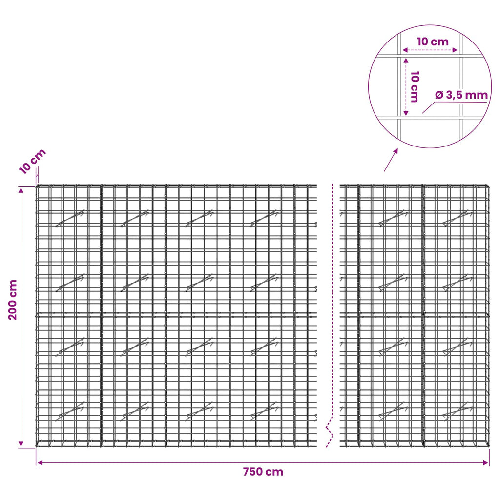 vidaXL Gabion z drutu 3,5 mm i siatką 10x10 cm 750x10x200 cm