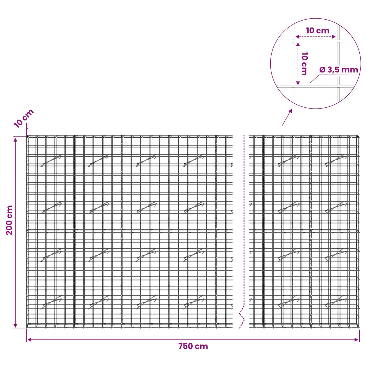 vidaXL Gabion z drutu 3,5 mm i siatką 10x10 cm 750x10x200 cm