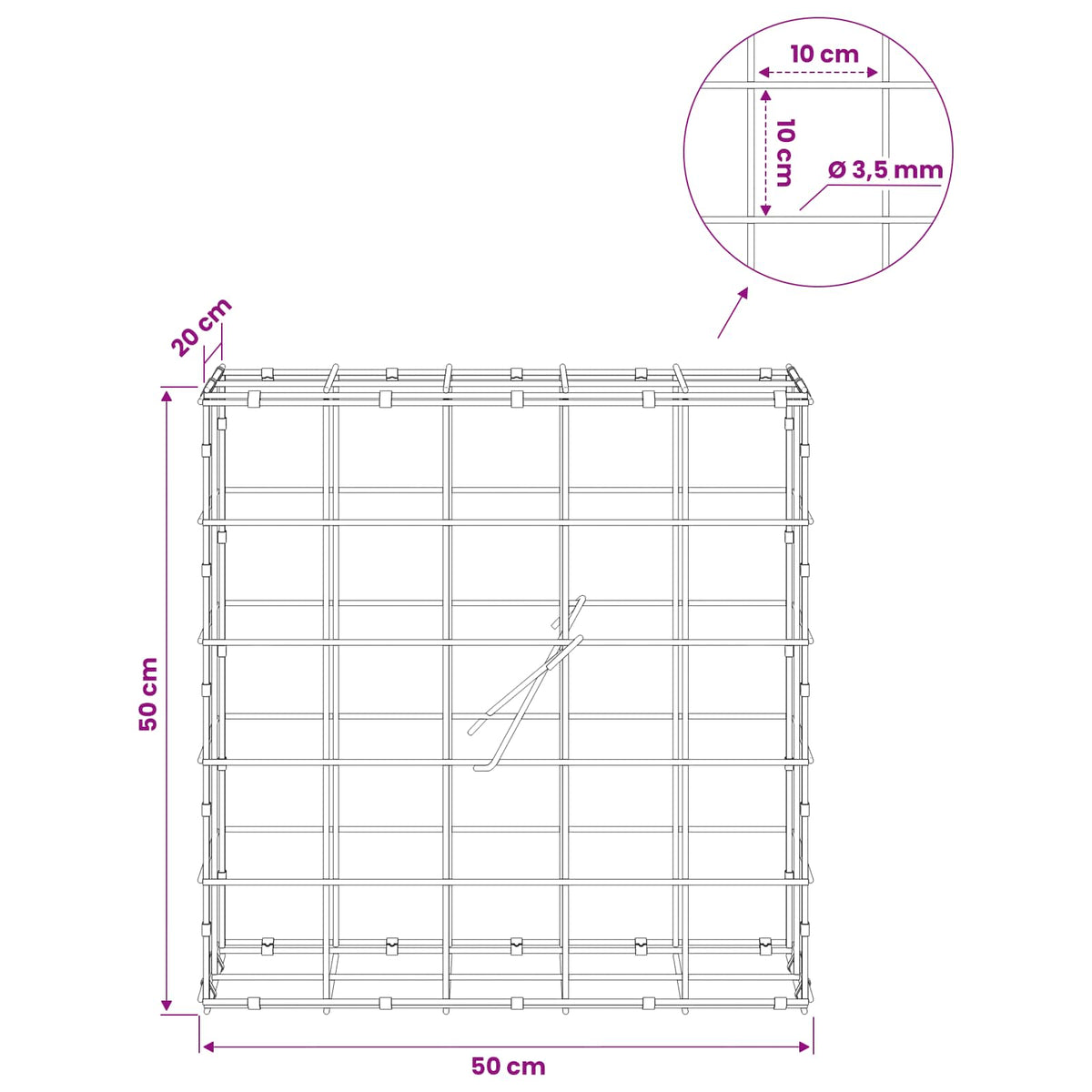vidaXL Gabion z drutu 3,5 mm i siatką 10x10 cm 50x20x50 cm