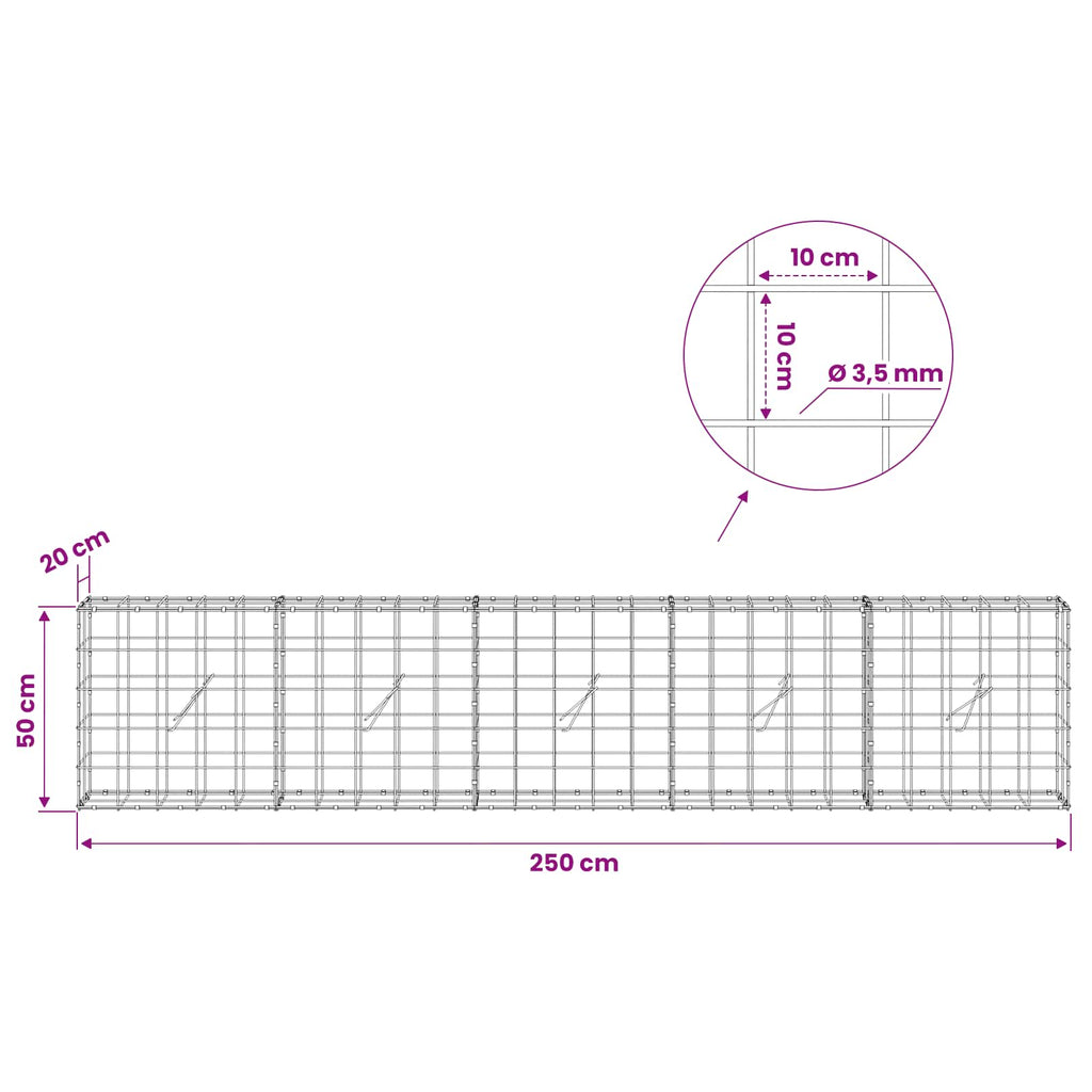 vidaXL Gabion z drutu 3,5 mm i siatką 10x10 cm 250x20x50 cm