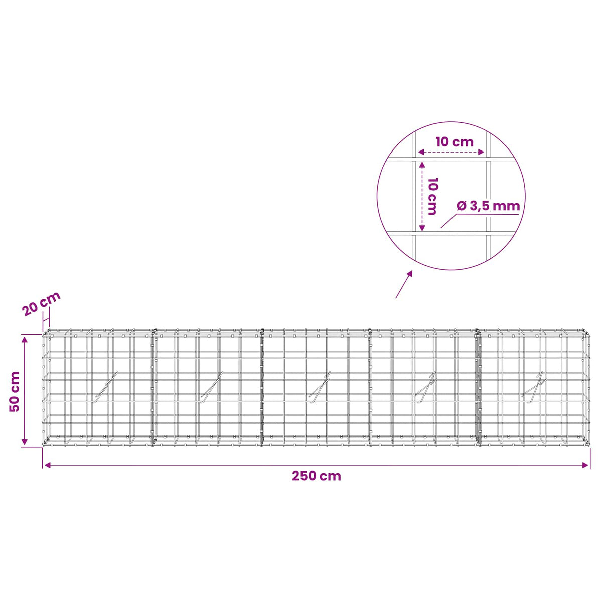 vidaXL Gabion z drutu 3,5 mm i siatką 10x10 cm 250x20x50 cm