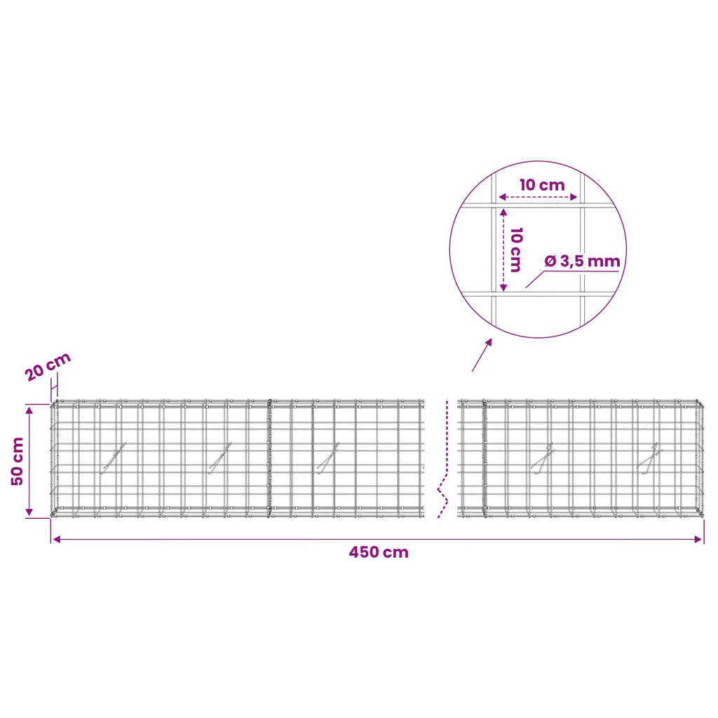 vidaXL Gabion z drutu 3,5 mm i siatką 10x10 cm 450x20x50 cm