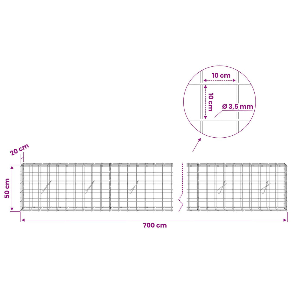 vidaXL Gabion z drutu 3,5 mm i siatką 10x10 cm 700x20x50 cm