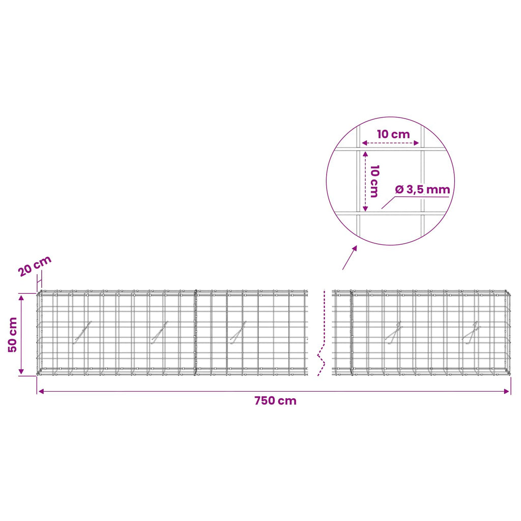 vidaXL Gabion z drutu 3,5 mm i siatką 10x10 cm 750x20x50 cm