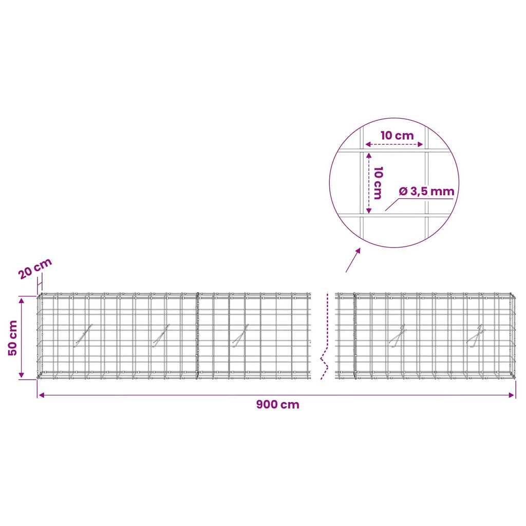 vidaXL Gabion z drutu 3,5 mm i siatką 10x10 cm 900x20x50 cm