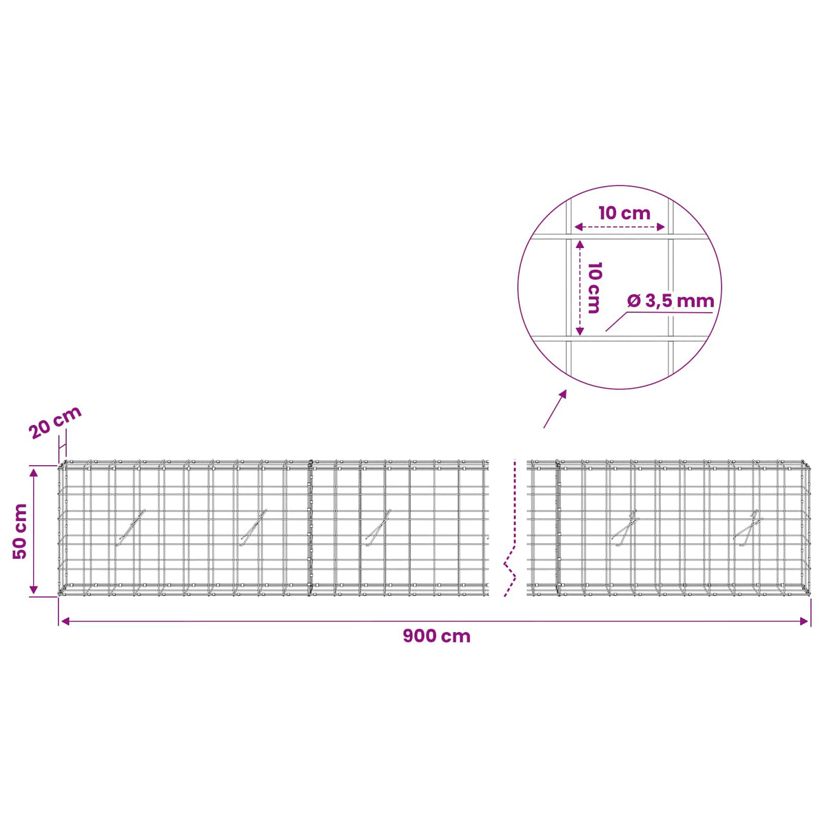 vidaXL Gabion z drutu 3,5 mm i siatką 10x10 cm 900x20x50 cm