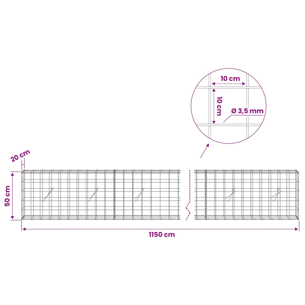 vidaXL Gabion z drutu 3,5 mm i siatką 10x10 cm 1150x20x50 cm