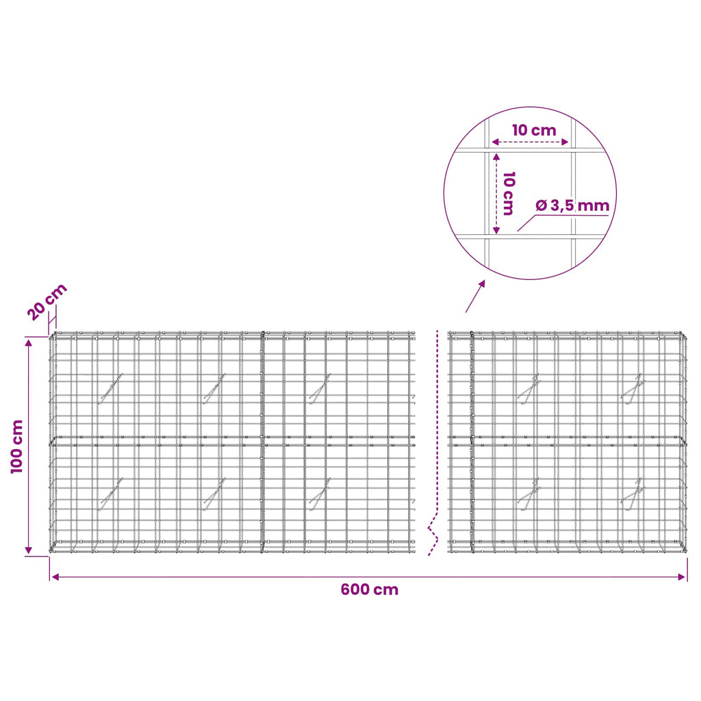 vidaXL Gabion z drutu 3,5 mm i siatką 10x10 cm 600x20x100 cm