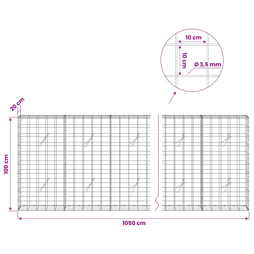 vidaXL Gabion z drutu 3,5 mm i siatką 10x10 cm 1050x20x100 cm