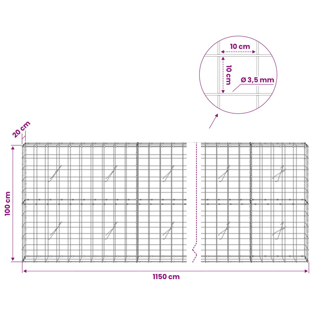 vidaXL Gabion z drutu 3,5 mm i siatką 10x10 cm 1150x20x100 cm