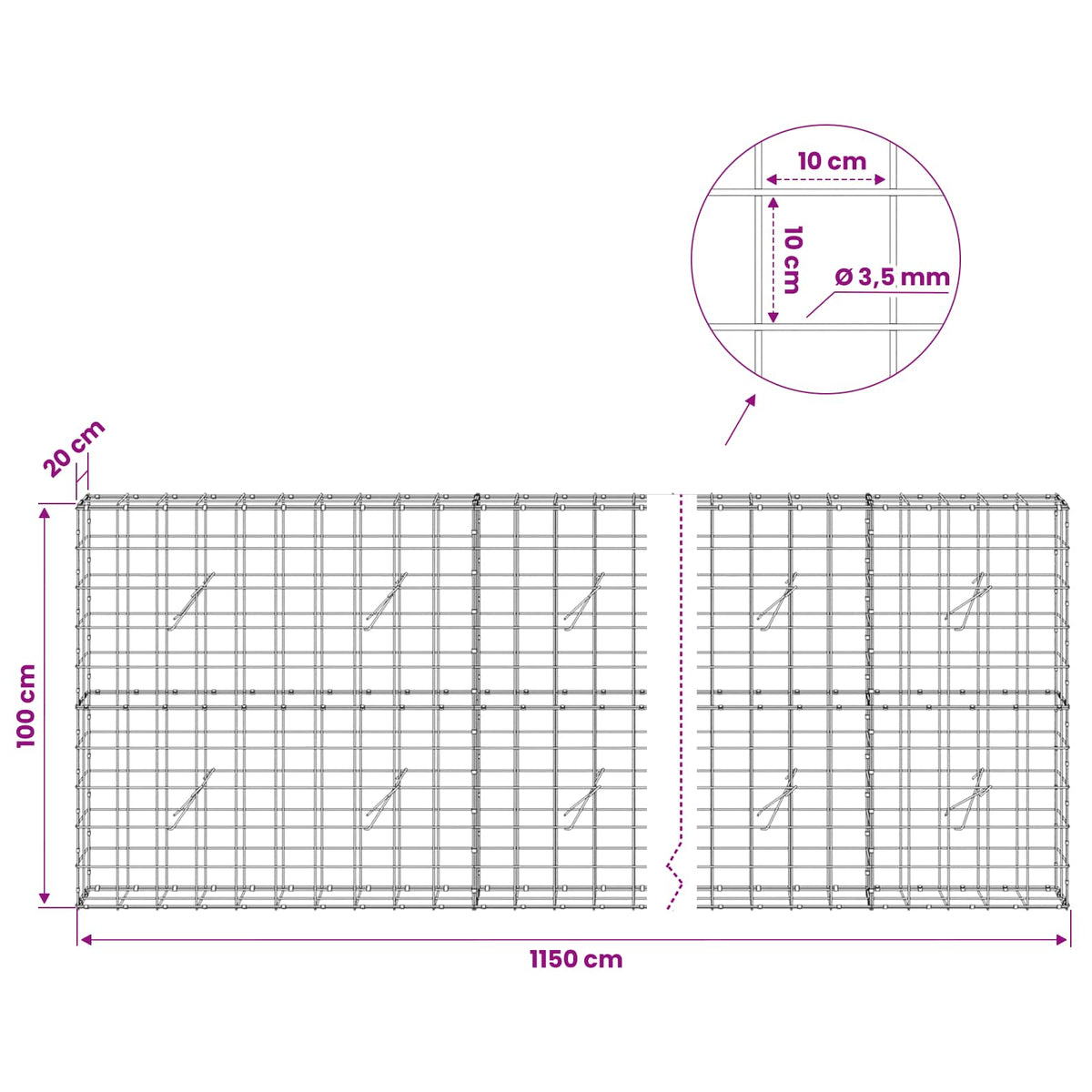 vidaXL Gabion z drutu 3,5 mm i siatką 10x10 cm 1150x20x100 cm