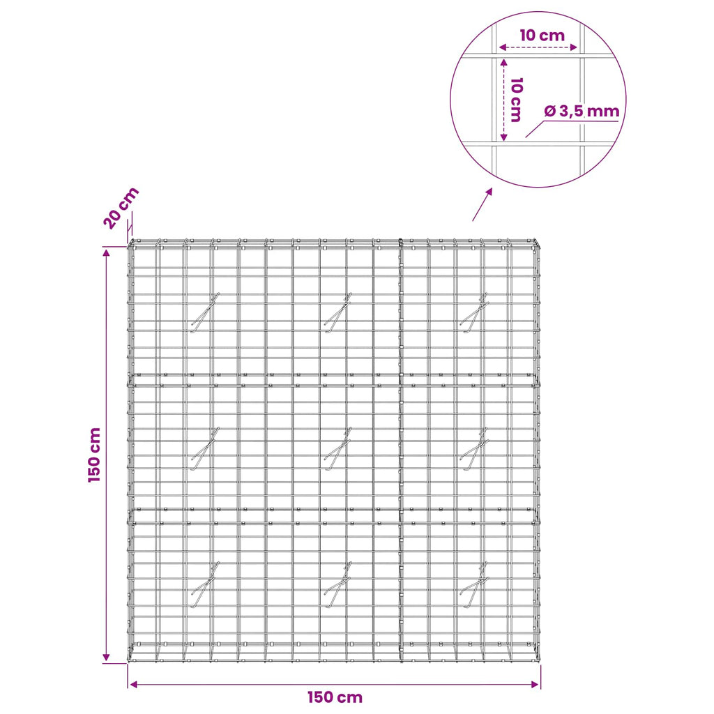 vidaXL Gabion z drutu 3,5 mm i siatką 10x10 cm 150x20x150 cm