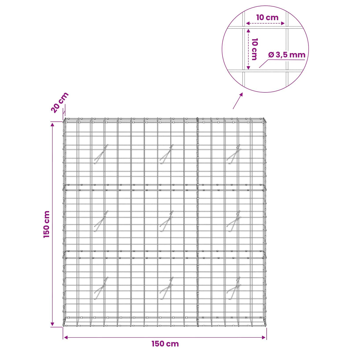 vidaXL Gabion z drutu 3,5 mm i siatką 10x10 cm 150x20x150 cm