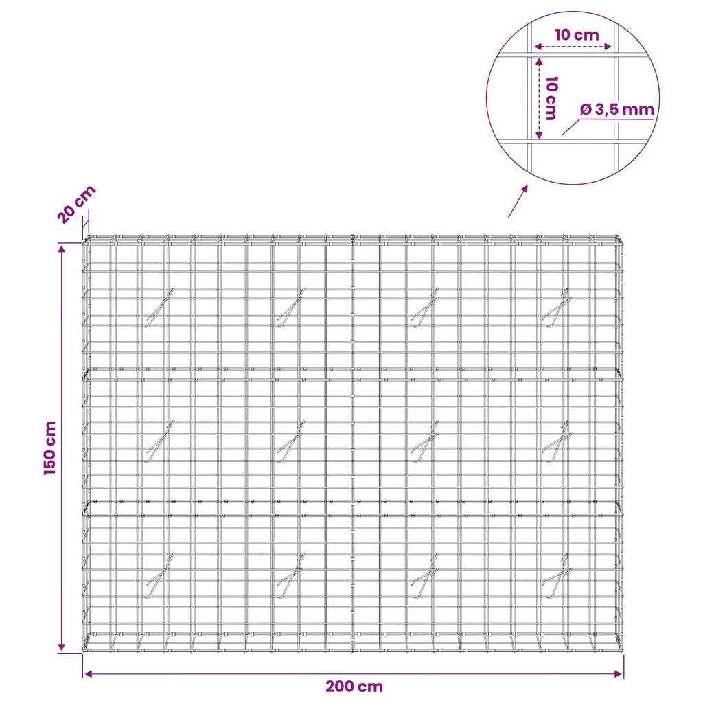 vidaXL Gabion z drutu 3,5 mm i siatką 10x10 cm 200x20x150 cm