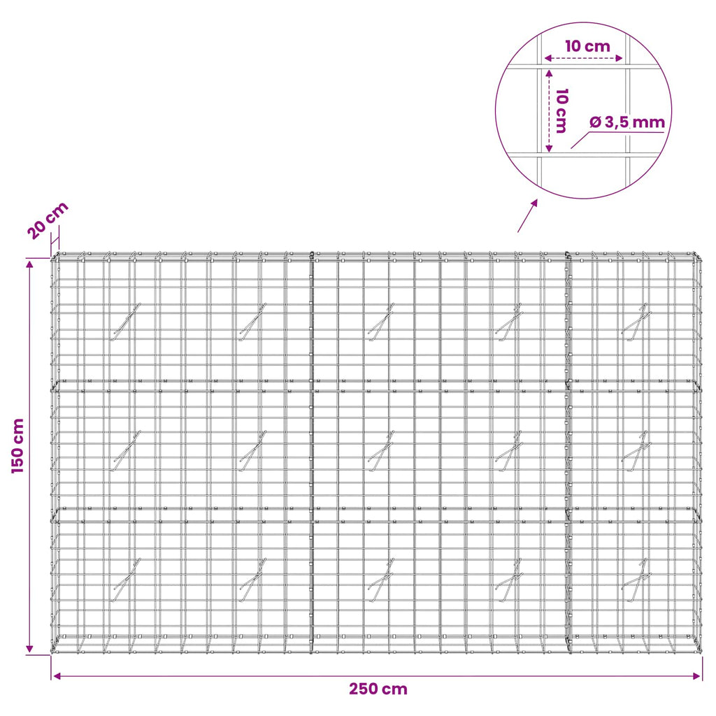 vidaXL Gabion z drutu 3,5 mm i siatką 10x10 cm 250x20x150 cm