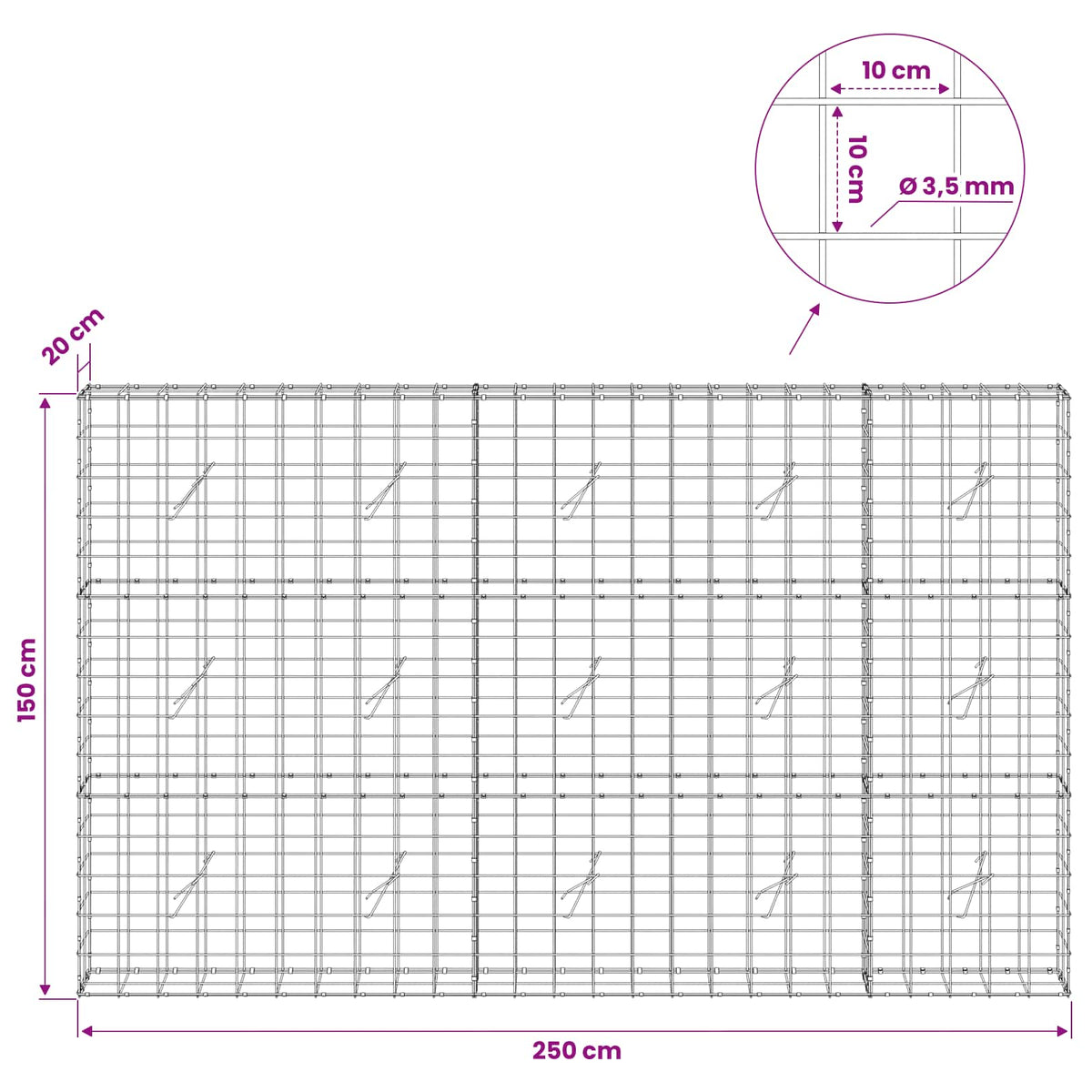 vidaXL Gabion z drutu 3,5 mm i siatką 10x10 cm 250x20x150 cm