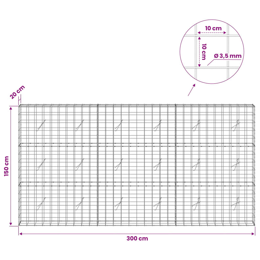 vidaXL Gabion z drutu 3,5 mm i siatką 10x10 cm 300x20x150 cm