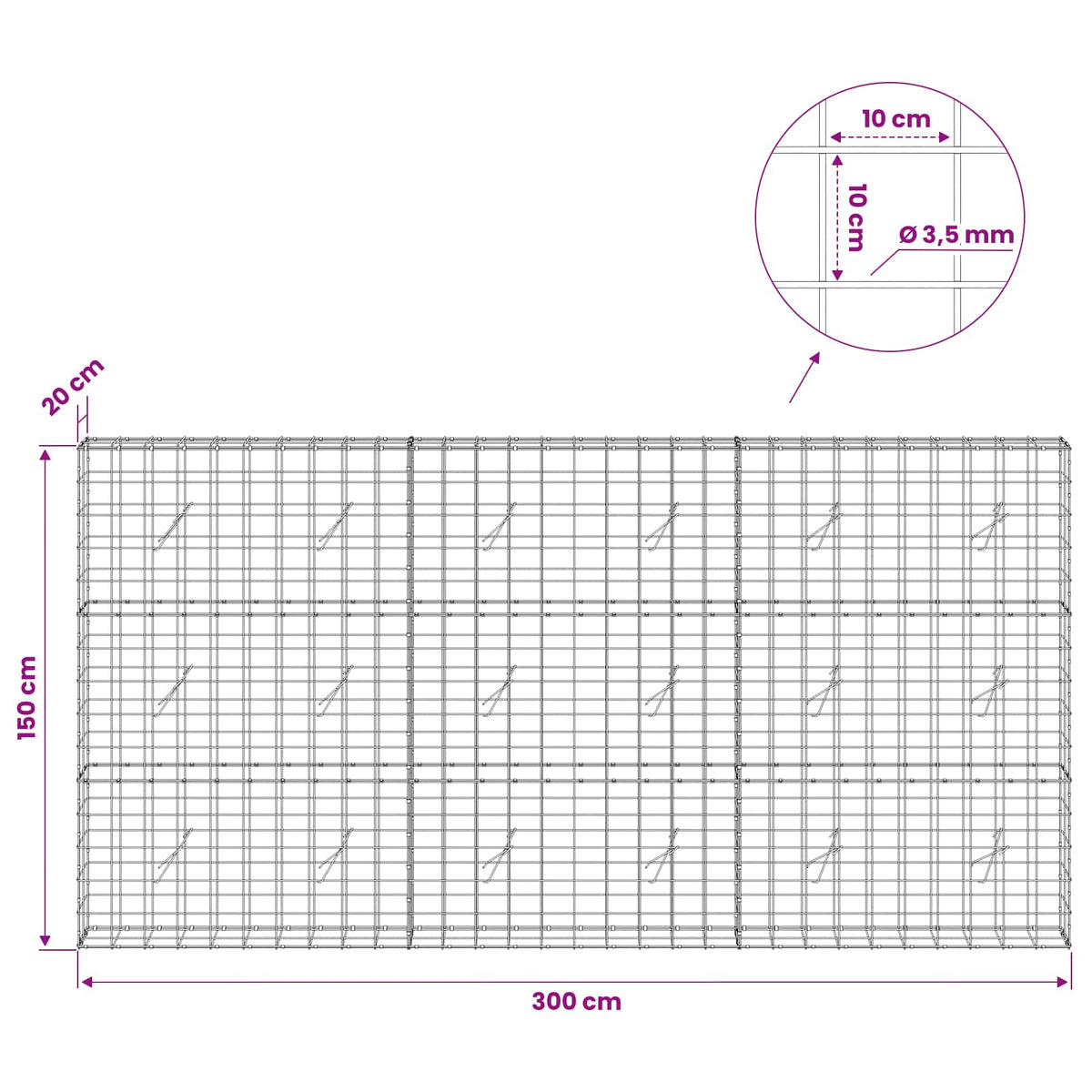 vidaXL Gabion z drutu 3,5 mm i siatką 10x10 cm 300x20x150 cm