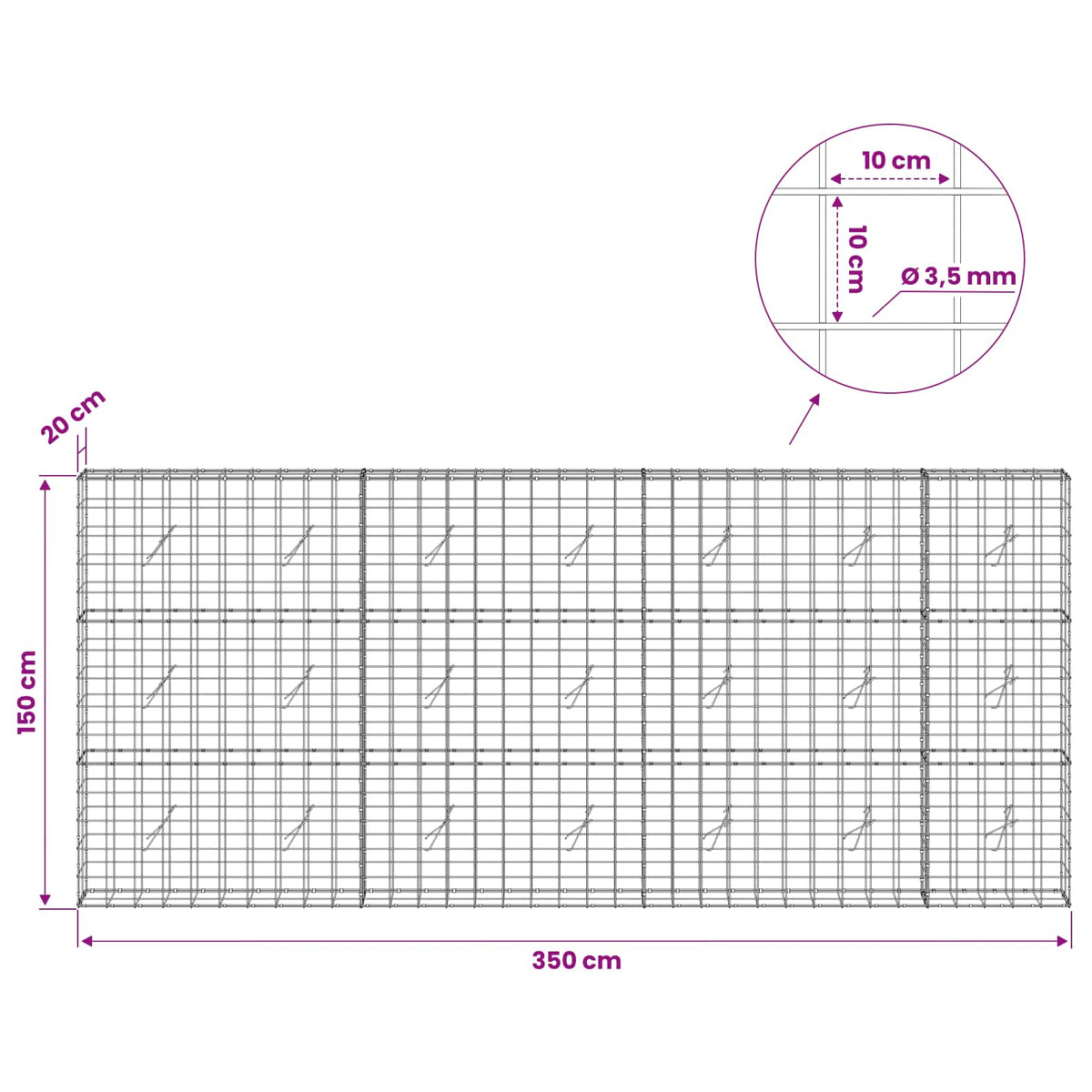 vidaXL Gabion z drutu 3,5 mm i siatką 10x10 cm 350x20x150 cm