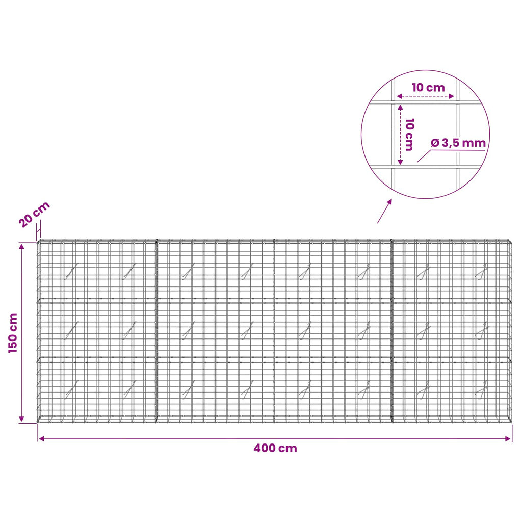 vidaXL Gabion z drutu 3,5 mm i siatką 10x10 cm 400x20x150 cm