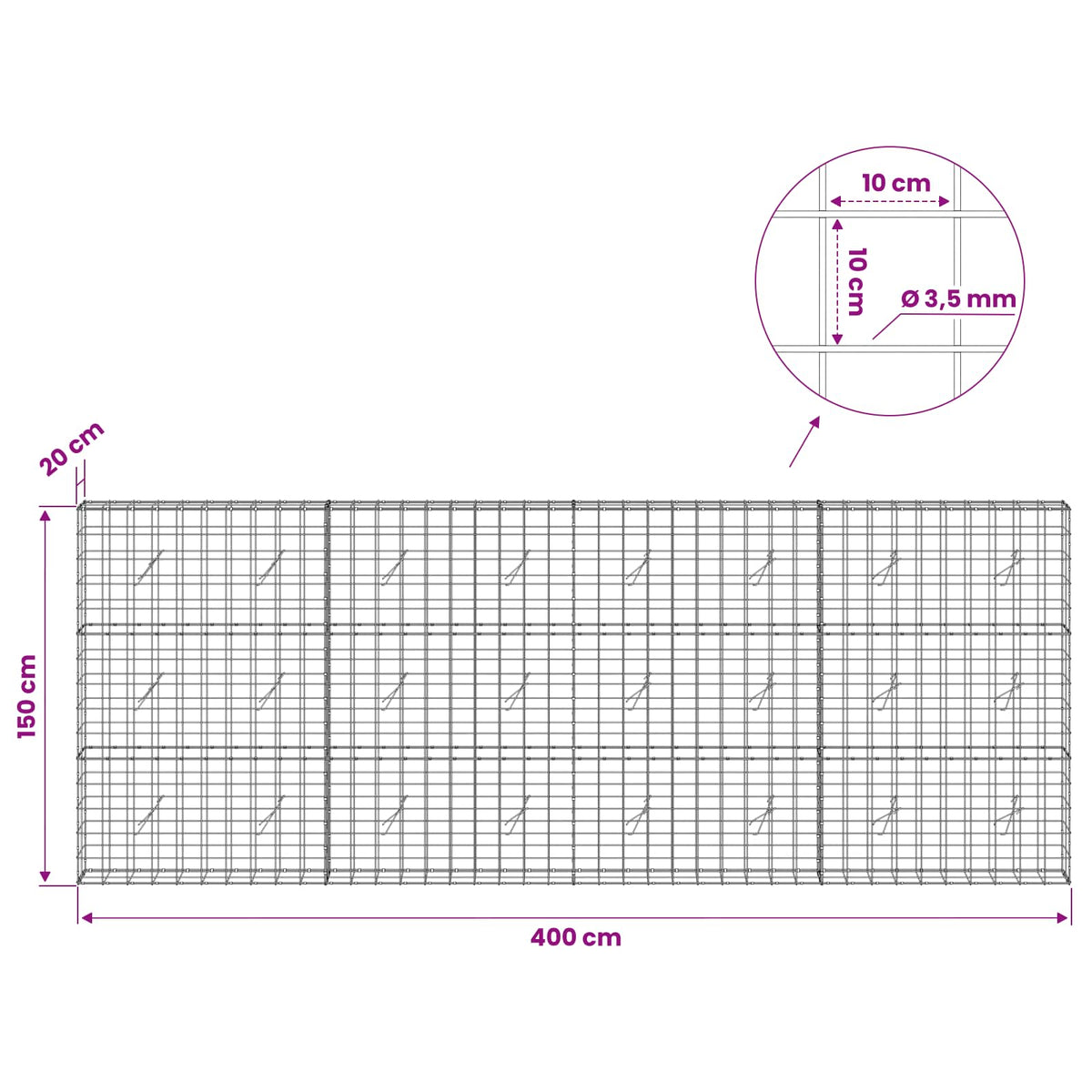 vidaXL Gabion z drutu 3,5 mm i siatką 10x10 cm 400x20x150 cm