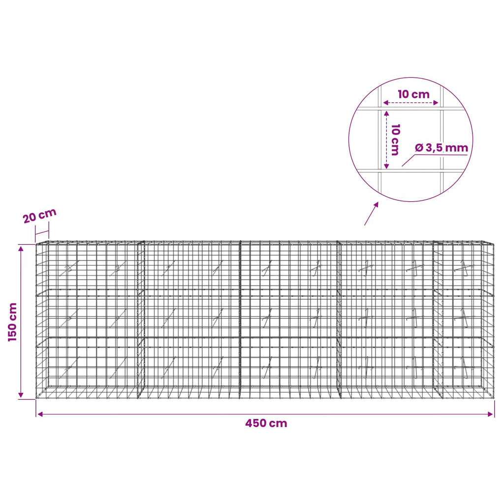 vidaXL Gabion z drutu 3,5 mm i siatką 10x10 cm 450x20x150 cm