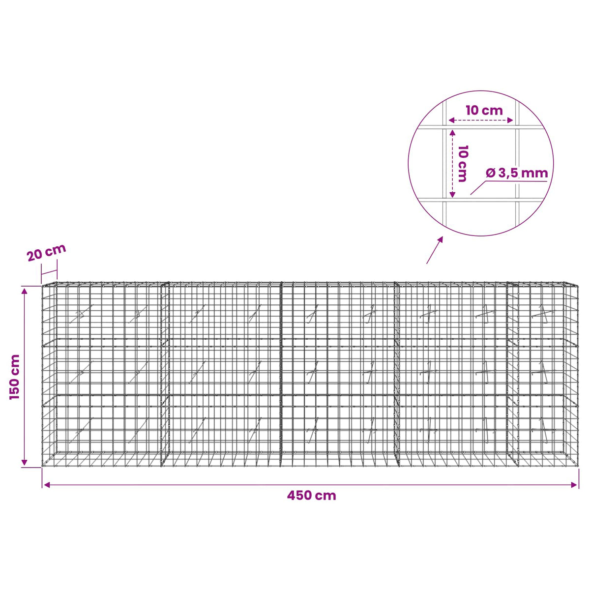 vidaXL Gabion z drutu 3,5 mm i siatką 10x10 cm 450x20x150 cm