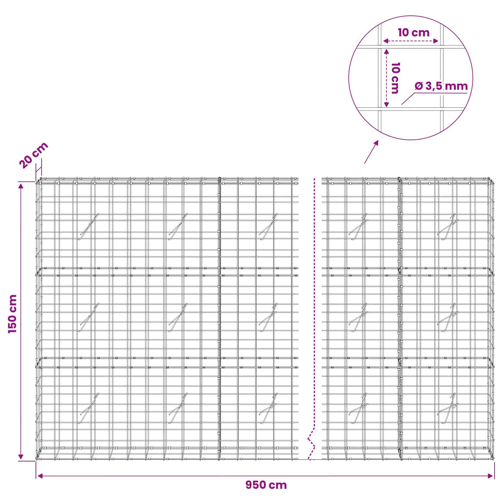 vidaXL Gabion z drutu 3,5 mm i siatką 10x10 cm 950x20x150 cm