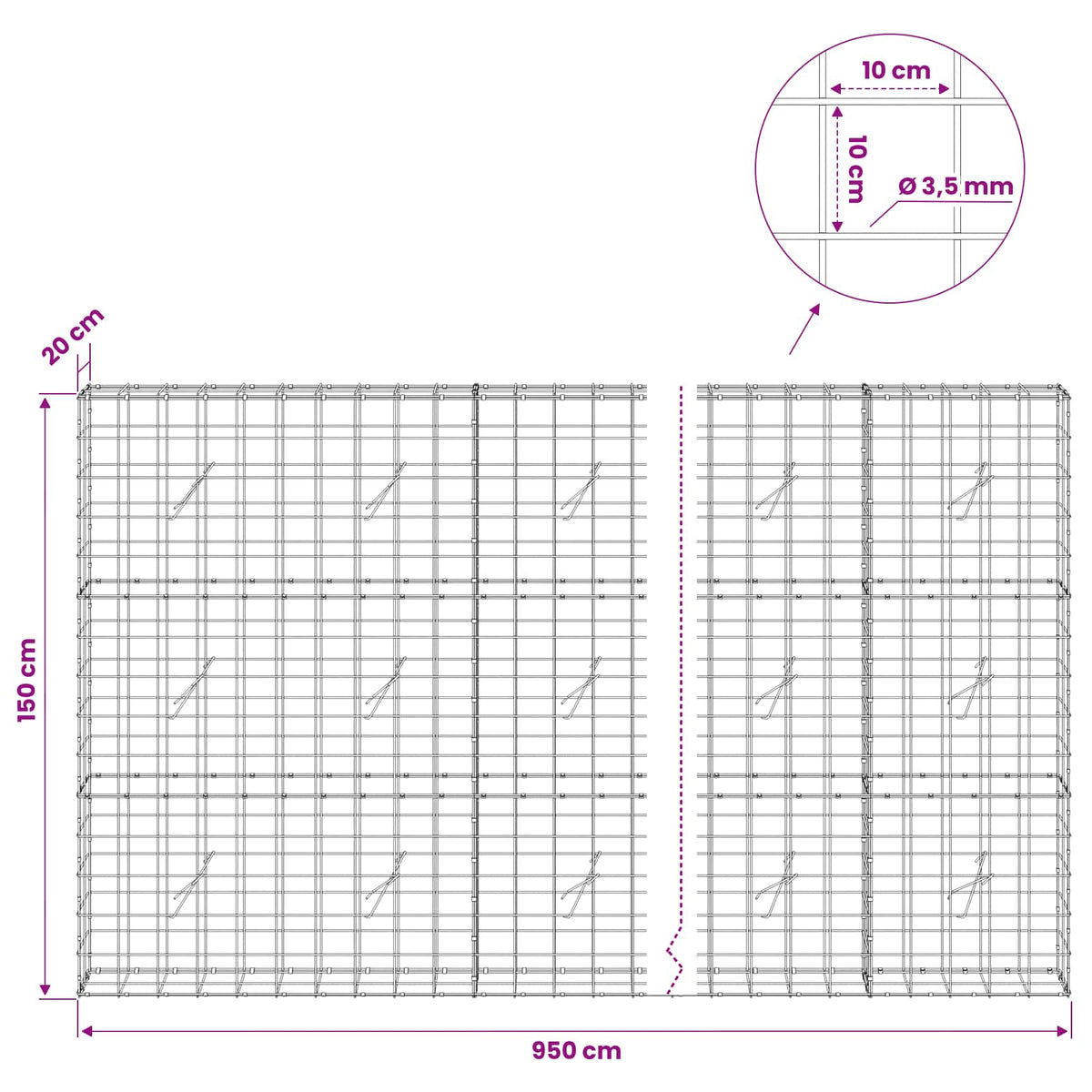 vidaXL Gabion z drutu 3,5 mm i siatką 10x10 cm 950x20x150 cm