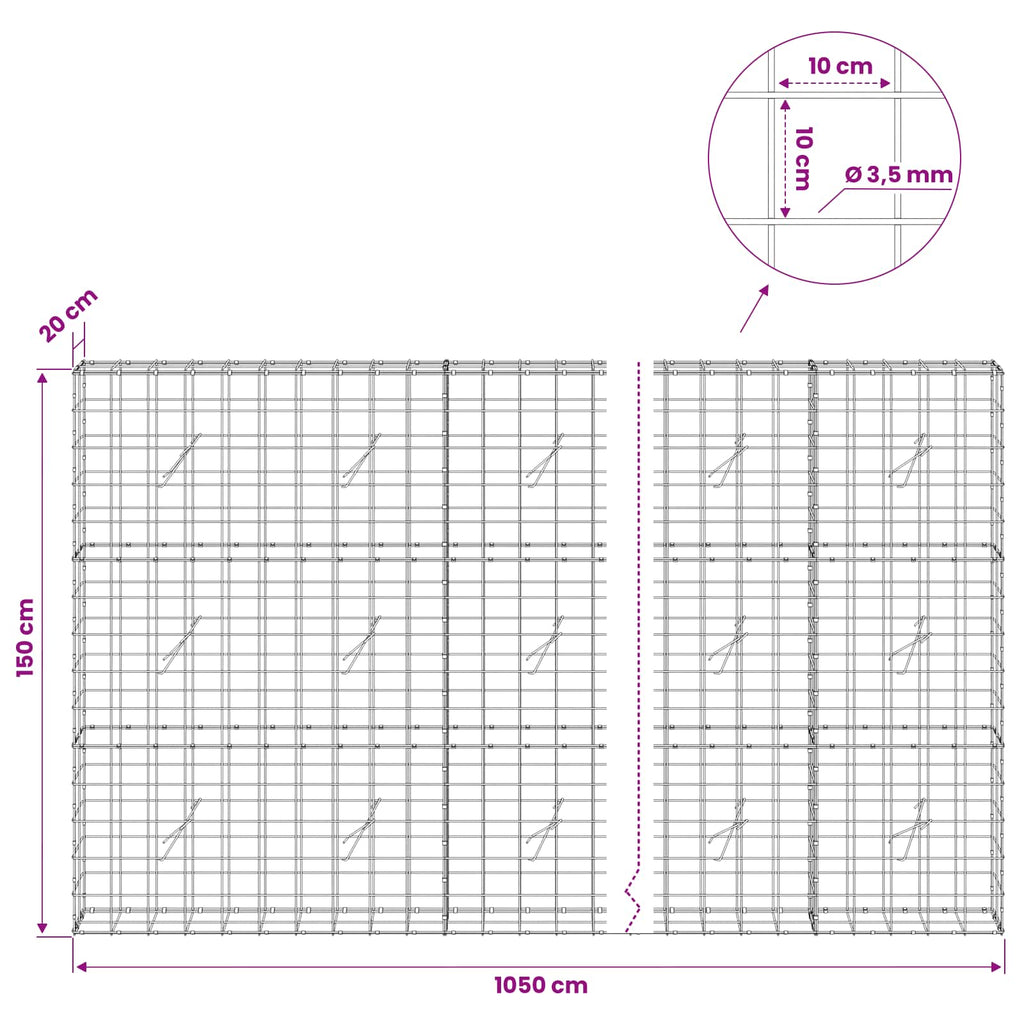vidaXL Gabion z drutu 3,5 mm i siatką 10x10 cm 1050x20x150 cm
