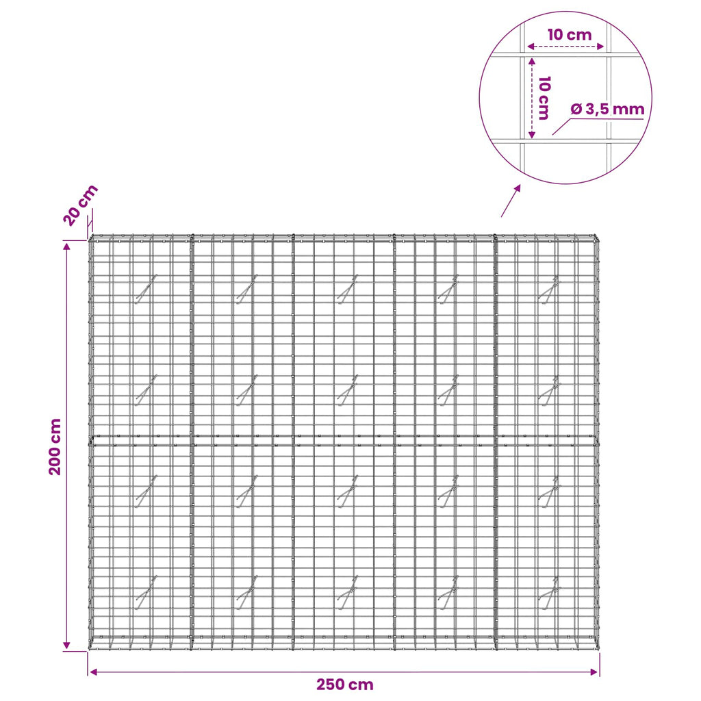 vidaXL Gabion z drutu 3,5 mm i siatką 10x10 cm 250x20x200 cm