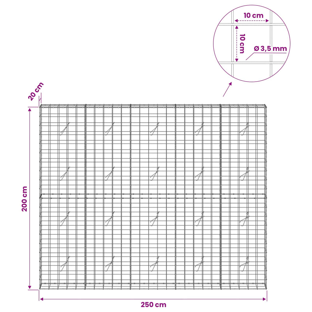 vidaXL Gabion z drutu 3,5 mm i siatką 10x10 cm 250x20x200 cm