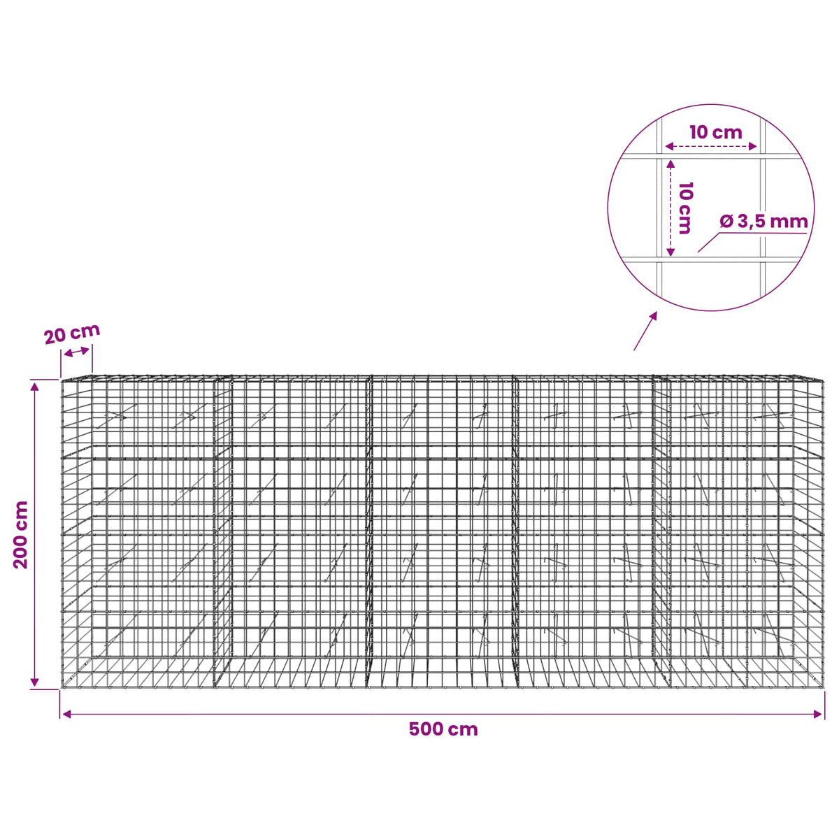 vidaXL Gabion z drutu 3,5 mm i siatką 10x10 cm 500x20x200 cm
