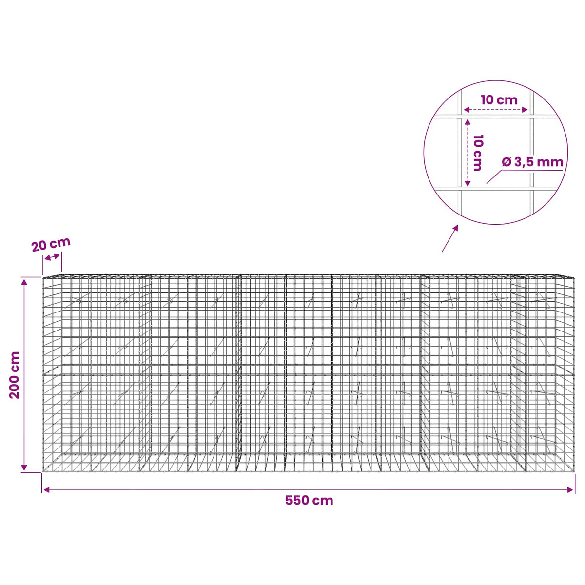 vidaXL Gabion z drutu 3,5 mm i siatką 10x10 cm 550x20x200 cm
