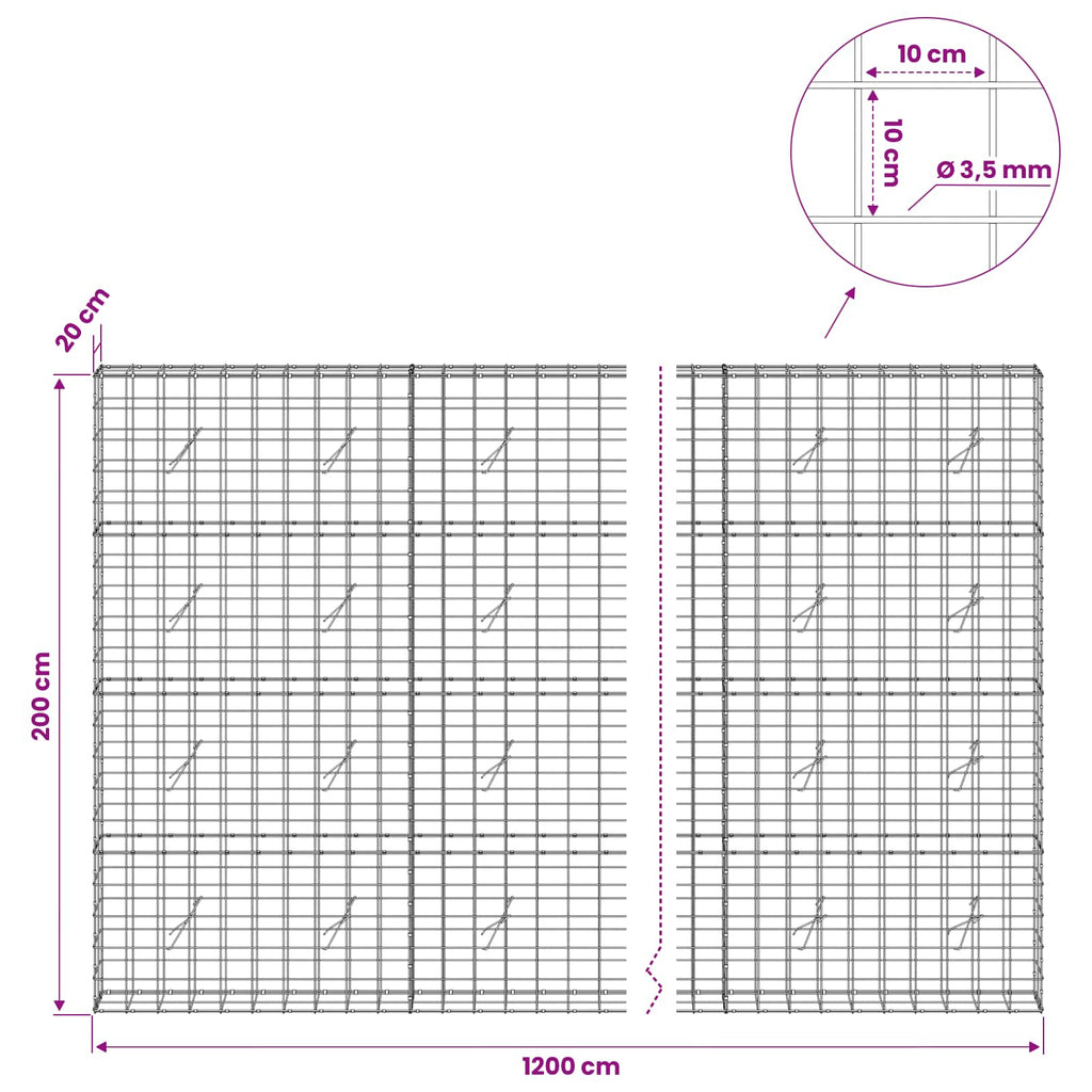 vidaXL Gabion z drutu 3,5 mm i siatką 10x10 cm 1200x20x200 cm