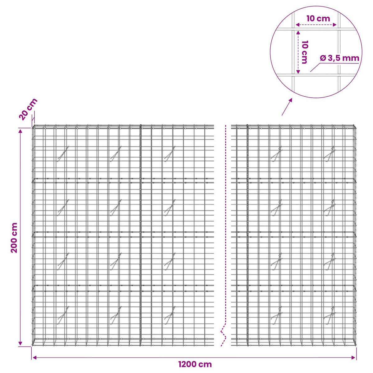 vidaXL Gabion z drutu 3,5 mm i siatką 10x10 cm 1200x20x200 cm