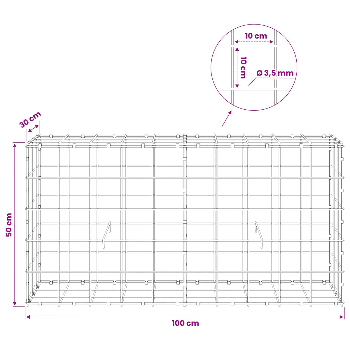 vidaXL Gabion z drutu 3,5 mm i siatką 10x10 cm 100x30x50 cm