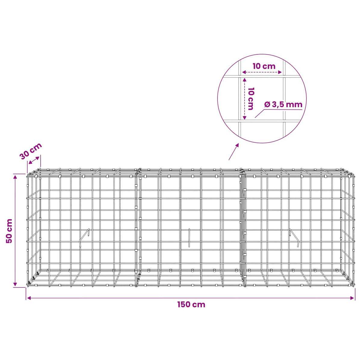 vidaXL Gabion z drutu 3,5 mm i siatką 10x10 cm 150x30x50 cm
