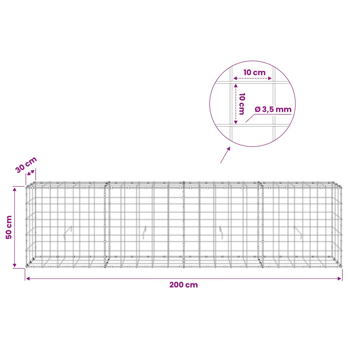 vidaXL Gabion z drutu 3,5 mm i siatką 10x10 cm 200x30x50 cm