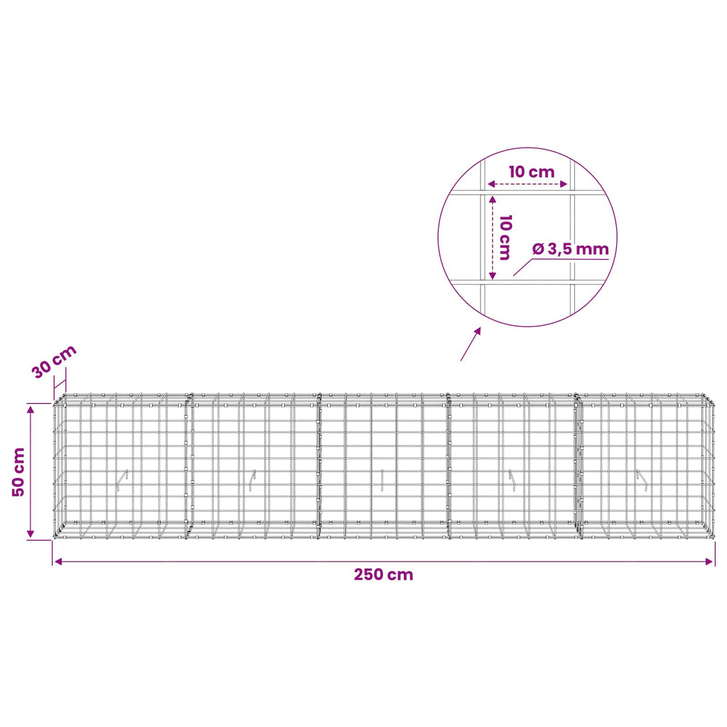 vidaXL Gabion z drutu 3,5 mm i siatką 10x10 cm 250x30x50 cm