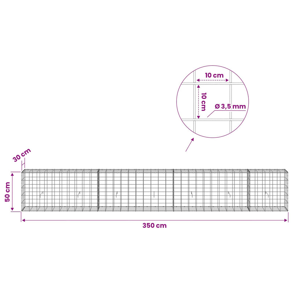 vidaXL Gabion z drutu 3,5 mm i siatką 10x10 cm 350x30x50 cm