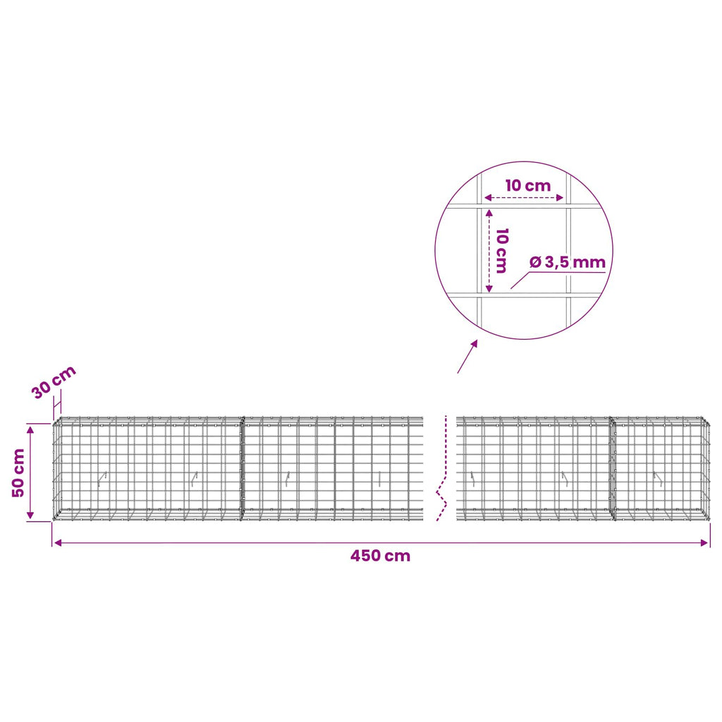 vidaXL Gabion z drutu 3,5 mm i siatką 10x10 cm 450x30x50 cm
