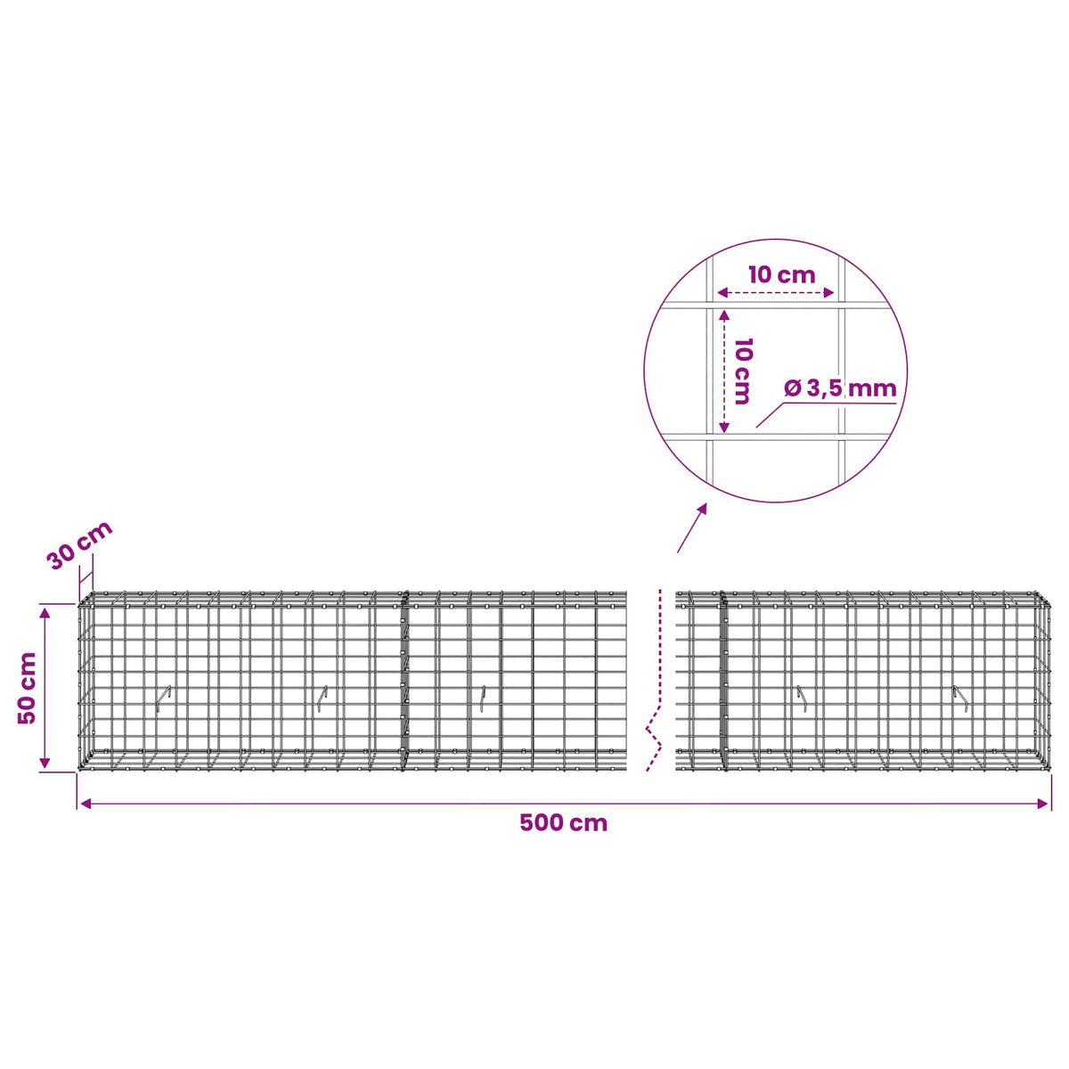 vidaXL Gabion z drutu 3,5 mm i siatką 10x10 cm 500x30x50 cm