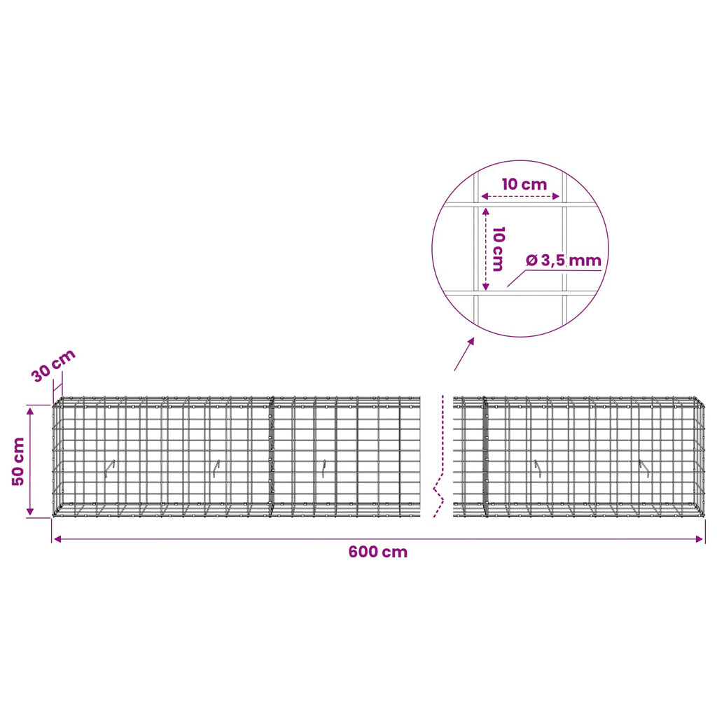 vidaXL Gabion z drutu 3,5 mm i siatką 10x10 cm 600x30x50 cm