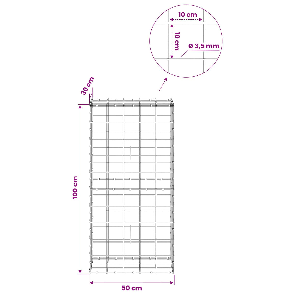 vidaXL Gabion z drutu 3,5 mm i siatką 10x10 cm 50x30x100 cm