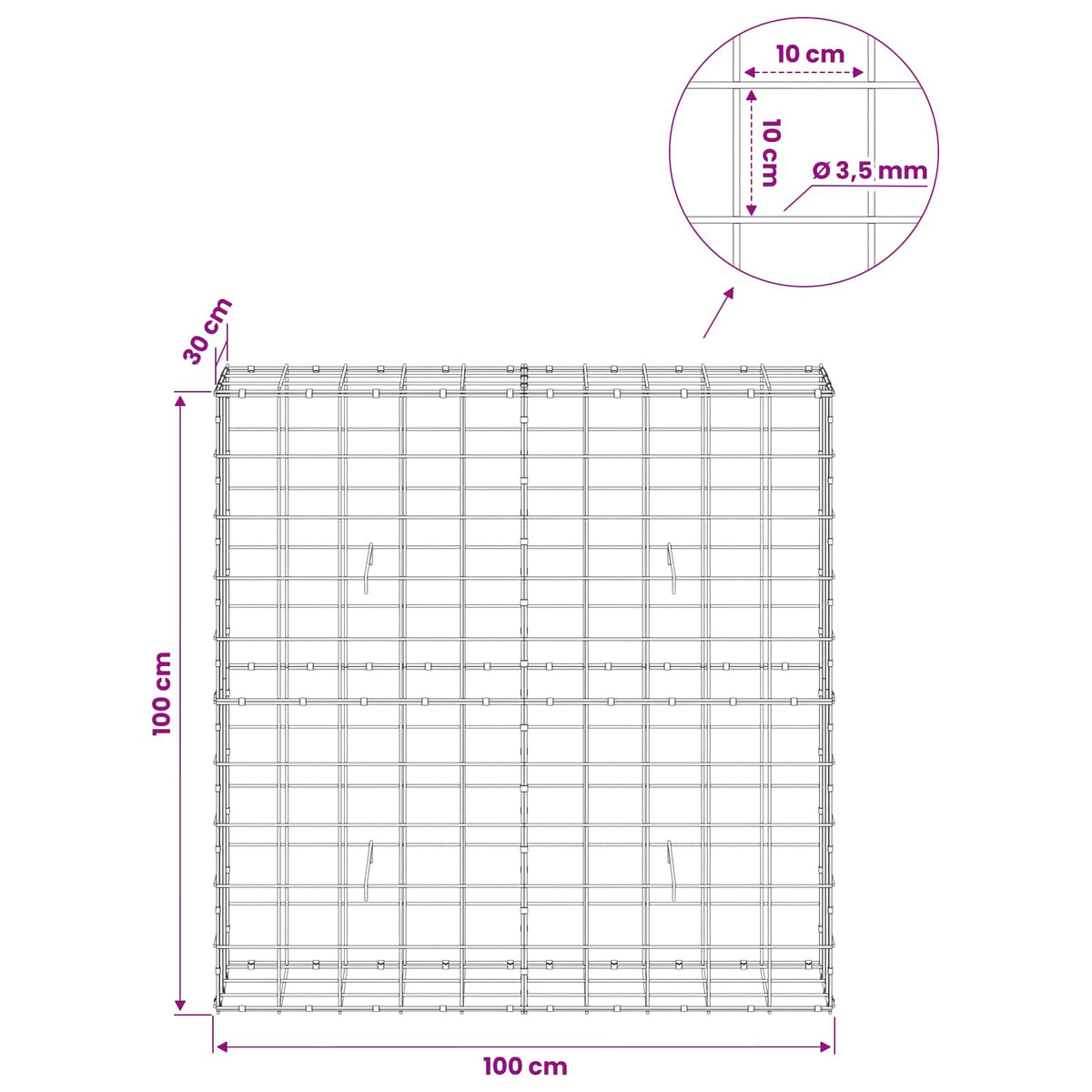 vidaXL Gabion z drutu 3,5 mm i siatką 10x10 cm 100x30x100 cm