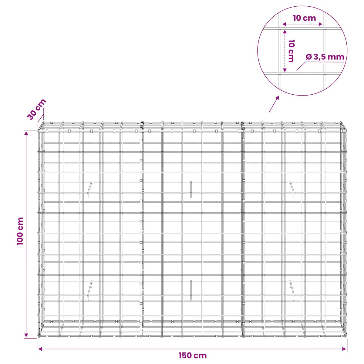 vidaXL Gabion z drutu 3,5 mm i siatką 10x10 cm 150x30x100 cm