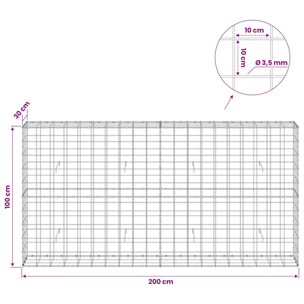 vidaXL Gabion z drutu 3,5 mm i siatką 10x10 cm 200x30x100 cm