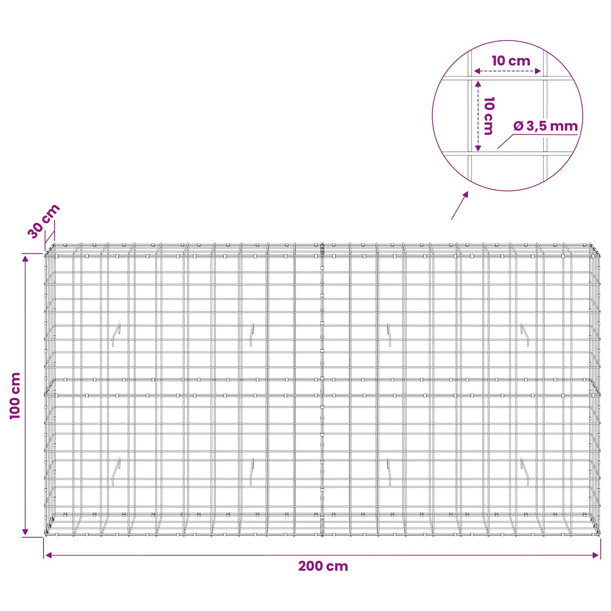 vidaXL Gabion z drutu 3,5 mm i siatką 10x10 cm 200x30x100 cm