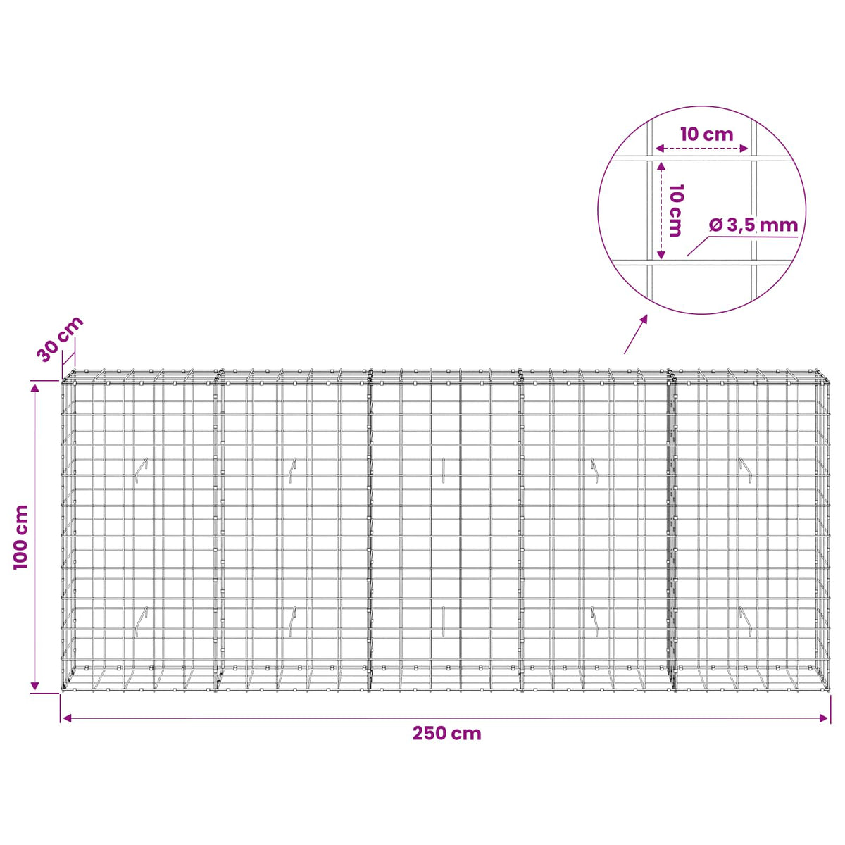 vidaXL Gabion z drutu 3,5 mm i siatką 10x10 cm 250x30x100 cm